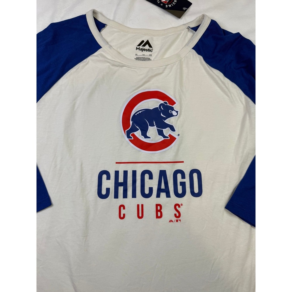 Majestic Chicago Cubs MLB Raglan Baseball Tee Antique White Deep Royal Blue XL